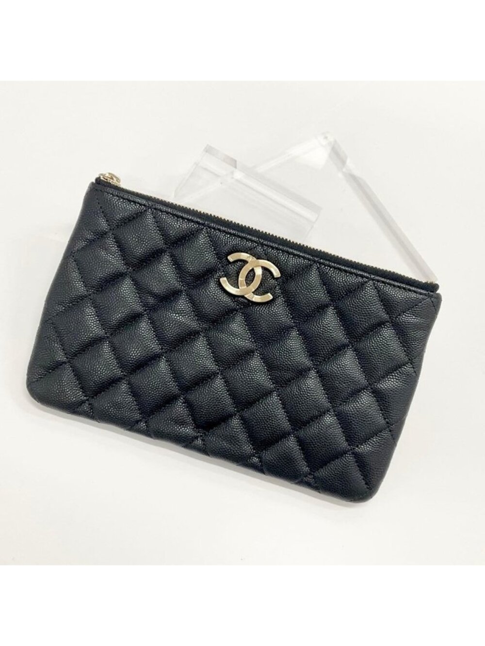 Chanel CC Logo Quilted Caviar Leather Flat Pouch Black